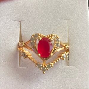 Gold Heart Ring with Red Gemstone